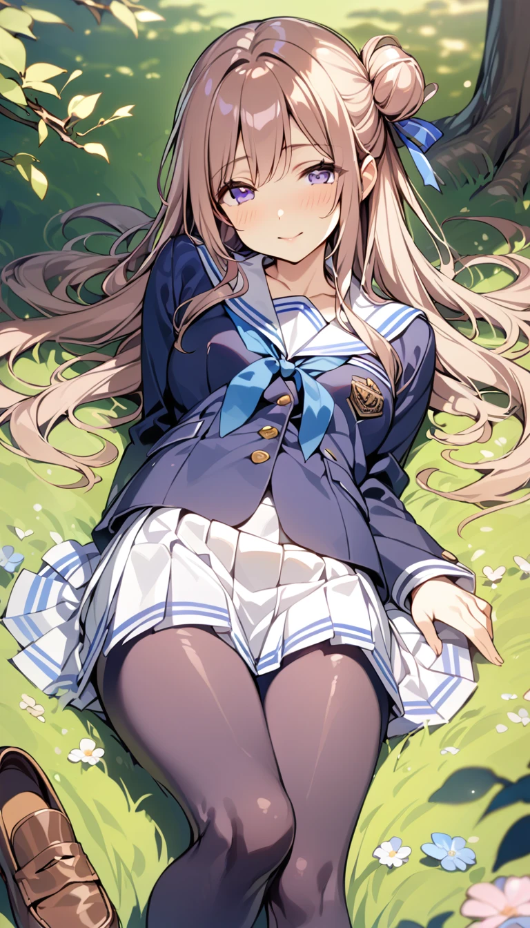 masterpiece, best quality, high resolution, solo, shigure kankore, long hair, shigure base, pleated skirt, fingerless gloves, black cute underwear, lying down, embarrassed, anxious, bed, disheveled clothing, orange sunset, dim, high school student in children's room, open hands, zettai_ryouiki,