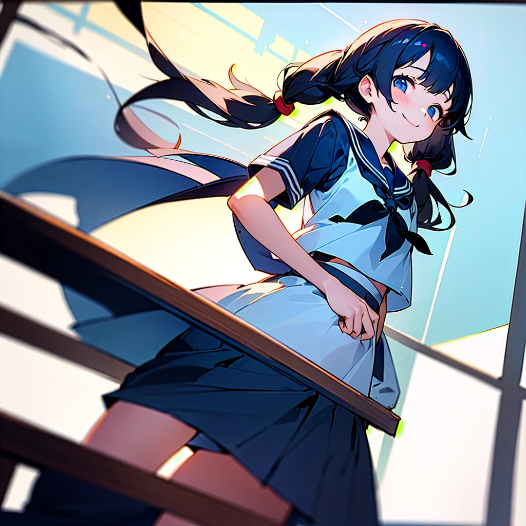 (best quality, masterpiece, high-resolution),
a girl, 15yo,
standing, 
low pigtails, (low twin tails:1.2), black hair,
navy blue , sailor uniform,
front,
gentle smile,
School building, many student,