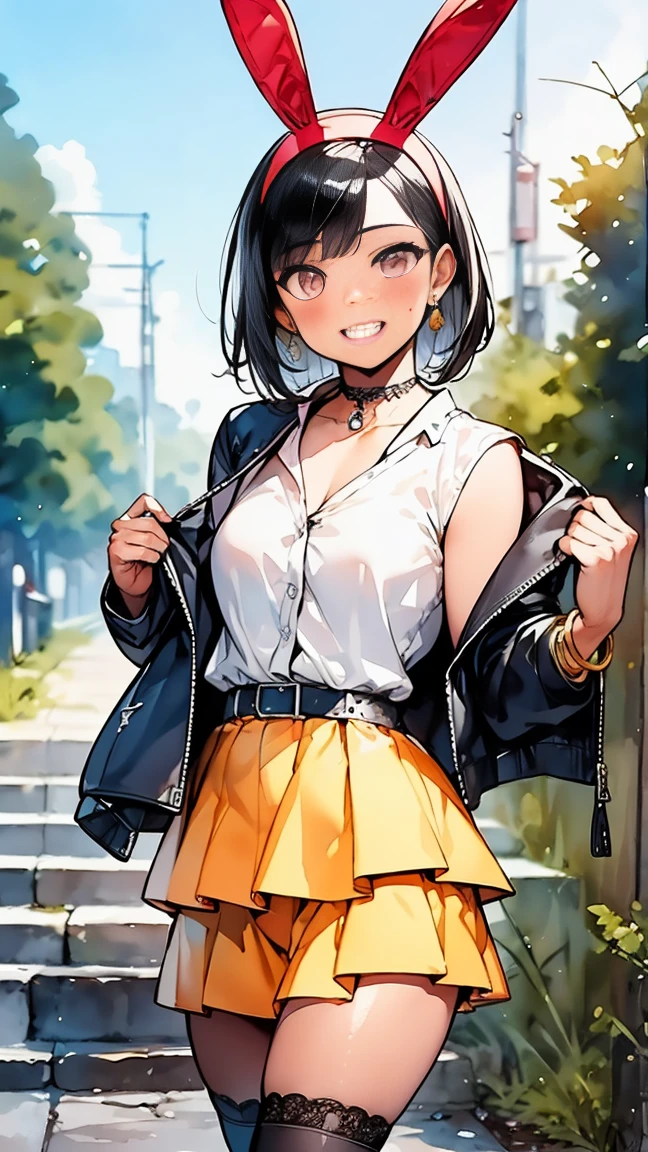 (8k, RAW photo, best quality, masterpiece, highres, absurdres, ultra detailed:1.3), (Photography, realistic, photo-realistic:1.4), (beautiful natural lighting, beautiful deatailed shadow, beautiful detailed glow :1.4), atmospheric,
BREAK 1 beautiful horny girl,alone,(cute:1.5),(Chibi:0.8),(kawaii1.5),(Loli:1.5),(horny girl, cute, full of energy, change face,slightly swollen chest),(black hair, messy short bob, story me, pink eyes:1.55 ),(full of energy, goofy smile, bad face:1.2),(white bunny ears headband:1.2),(smile,shine tooth:1.45), (dark skin, tanned skin,:1.45),
BREAK //Character 1girl, BREAK //Fashions BREAK (black and yellow theme:1.4), ((japanese idol costume with bee motif, punk and fancy style):1.2), (roll-up sleeves Latex black closed jacket with yellow bellied lapel:1.4), (zip-up:1.5), (costume divided into tops and bottoms:1.3), (collarbone:1.3), (crazy amount of buttons and needles:1.2), (yellow (eyelet belt, grommet belt):1.3), (yellow (See-through tulle skirt, tulle Layered mini skirt) with ruffles:1.3), (fancy over-knee-socks with black and yellow striped pattern:1.4), (black high platform boots with lace-up:1.2), (choker with silver needles:1.3), (bangle with silver needles:1.3), (Cute logo with a bee motif on jacket:1.2),
BREAK ,(Mediaeval Europe, ancient Greece, ancient Rome, ancient Aztecs, towns, cafes, nature, moss, wariza,flowers, two stories, ultra detail:1.4),((spectacular view:1.2))
BREAK wakame,wakame,wakame,(cowboy shot, from front:1.4),
BREAK manga illustration,manga style,
