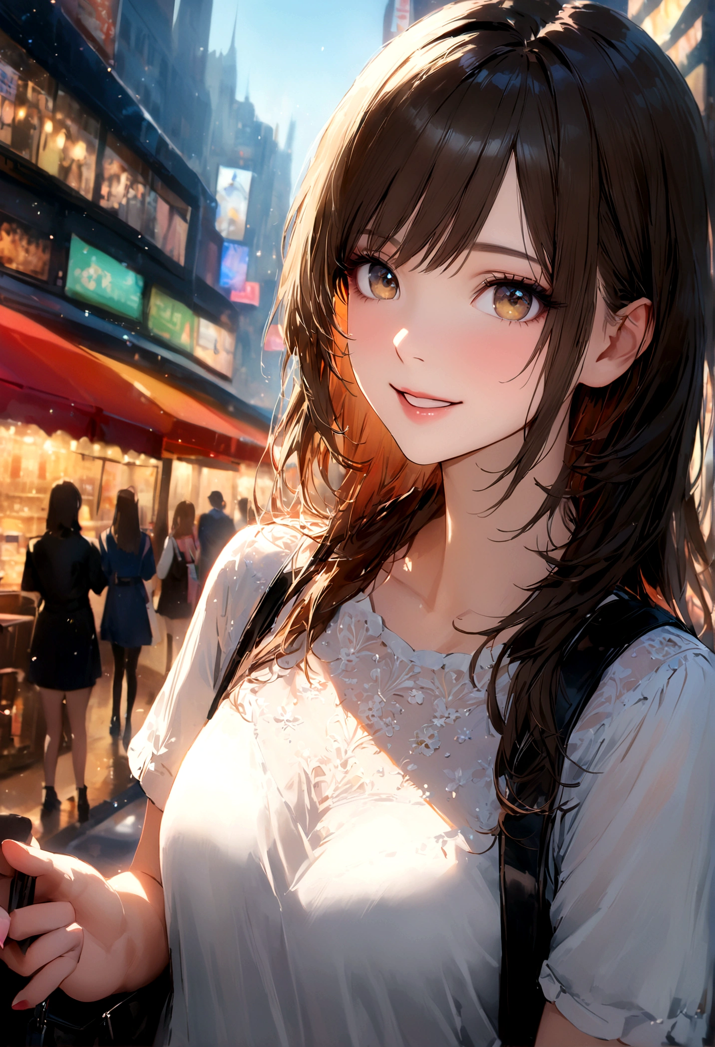 Shinjuku, Cute casual clothes,On a date,Blur the background,high school girl,smile,Glitter effect,Highest quality, 4K, 8K, High resolution, masterpiece:1.2, Very detailed, Realistic:1.37, High resolution, 超High resolution, Ultra-fine painting, Sharp focus, Physically Based Rendering, Very detailedな説明, Professional, Vibrant colors