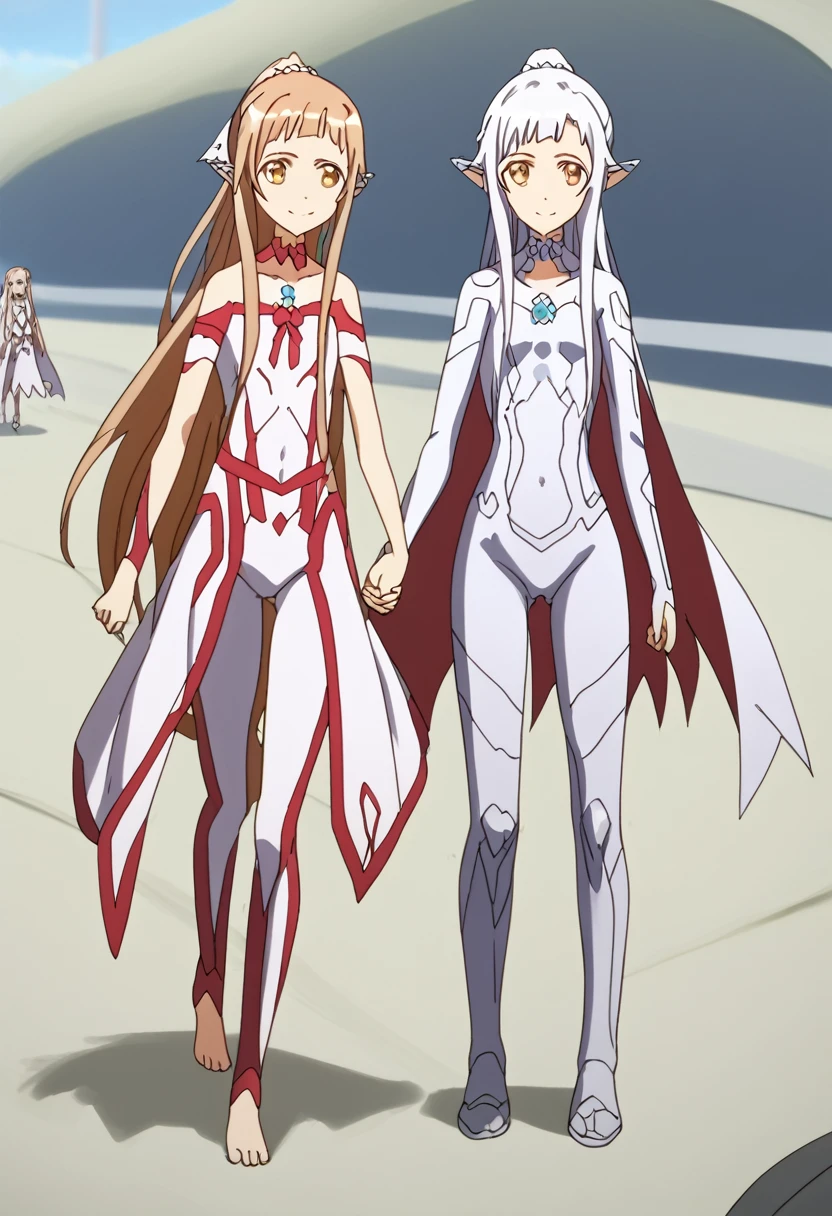 2girls, multiple girls, Two female characters,(mother and daughter:1.3), dual persona, anime style, 4k quality, masterpiece, best quality, sword art online, "asuna is mother , long hair, white hair, very long hair, high ponytail, pointy ears, elf, ear covers, medium breasts ","yui is daughter , long hair, blunt bangs, white hair, very long hair, high ponytail, pointy ears, elf, flat chest", collarbone, ultrawoman, ultragirl, bodysuit, robot, colored skin, glowing eyes, yellow eyes, giantess, giant, metallic face, metallic skin, shiny skin, chrome skin, gem on chest, colour timer on chest, chest jewel, blue jewel, muscular, thick_thighs, looking at viewer, full body, smile, closed mouth, standing, giantess, outdoor, city, citycape, skyscraper
