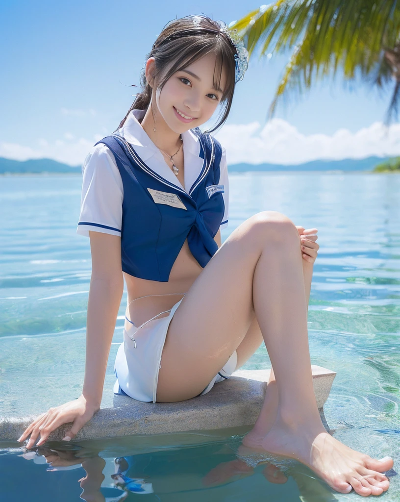 (NFSW)、((blue sea))、(High resolution:1.5)、Highest quality,Very detailed,masterpiece,Super detailed,alone,(One ),((Summer School Uniforms:1.5)), Seraphim, ((skirt:1.5)), smile, Thigh fetish images: 1.5、(((barefoot)))、(Her thighs and white bikini reflected in the clear blue water)、(reflected in water:1.5)、((I can see the white string panties:1.5))、Cleavage、((Blue, clear, transparent water))、Summer sun、はしゃいだsmile、Beautiful Eyes、(pull-out-lift-panties:1.5)、Big necklace and tiara、pull-lift-panties,