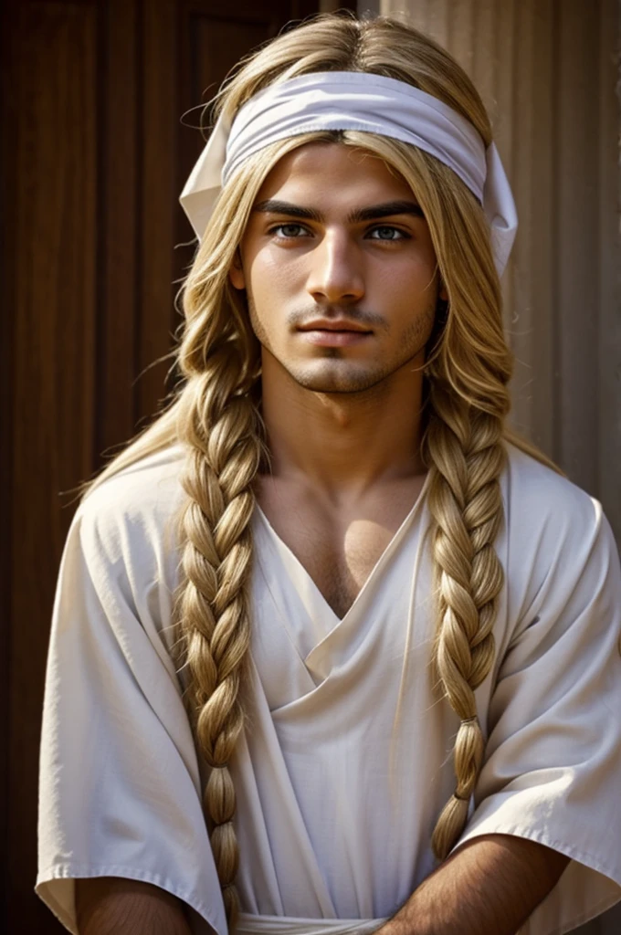 A Greek boy in a toga,with long blonde hair and blindfolded eyes