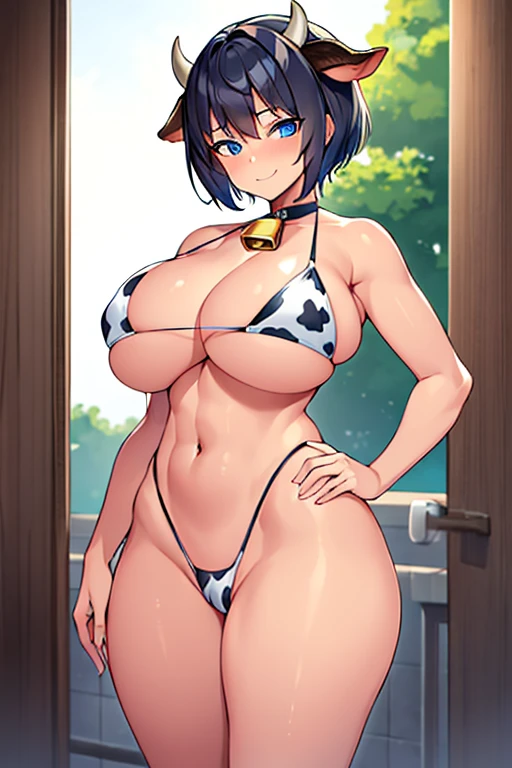 1girl, tomboy, bell, horns, blue eyes, pixie cut, huge breasts, thick thighs, milk, cow print, bare legs, cow tail, cow ears, tan, tan-skinned female, tan skin, bikini, mature female, cameltoe, milf, MILF, forest, black hair, very short hair, smile, smirk, smug