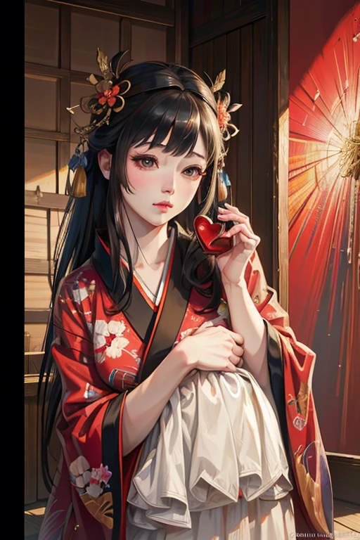 kimono, heart, (8K, RAW Photos, Highest quality, masterpiece: 1.2), (Realistic: 1.6), (masterpiece), (Highest quality: 1.0), (Ultra-high resolution: 1.0), detailed, 40s, One, detailed beautiful skin, detailed room, ,Realistic skin