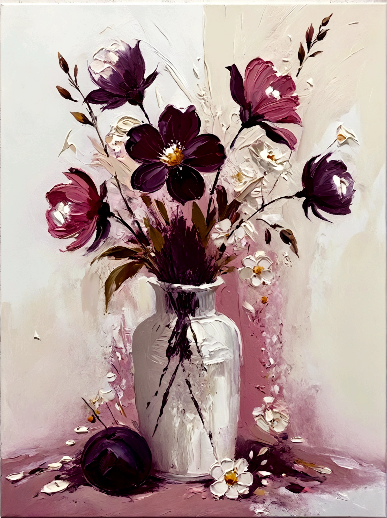 vase,plum bossom,Small flowers,Flowers,bright,pink,White background,vanilla,cream,Abstract Art,emotion,emotion,Thick textured paint,