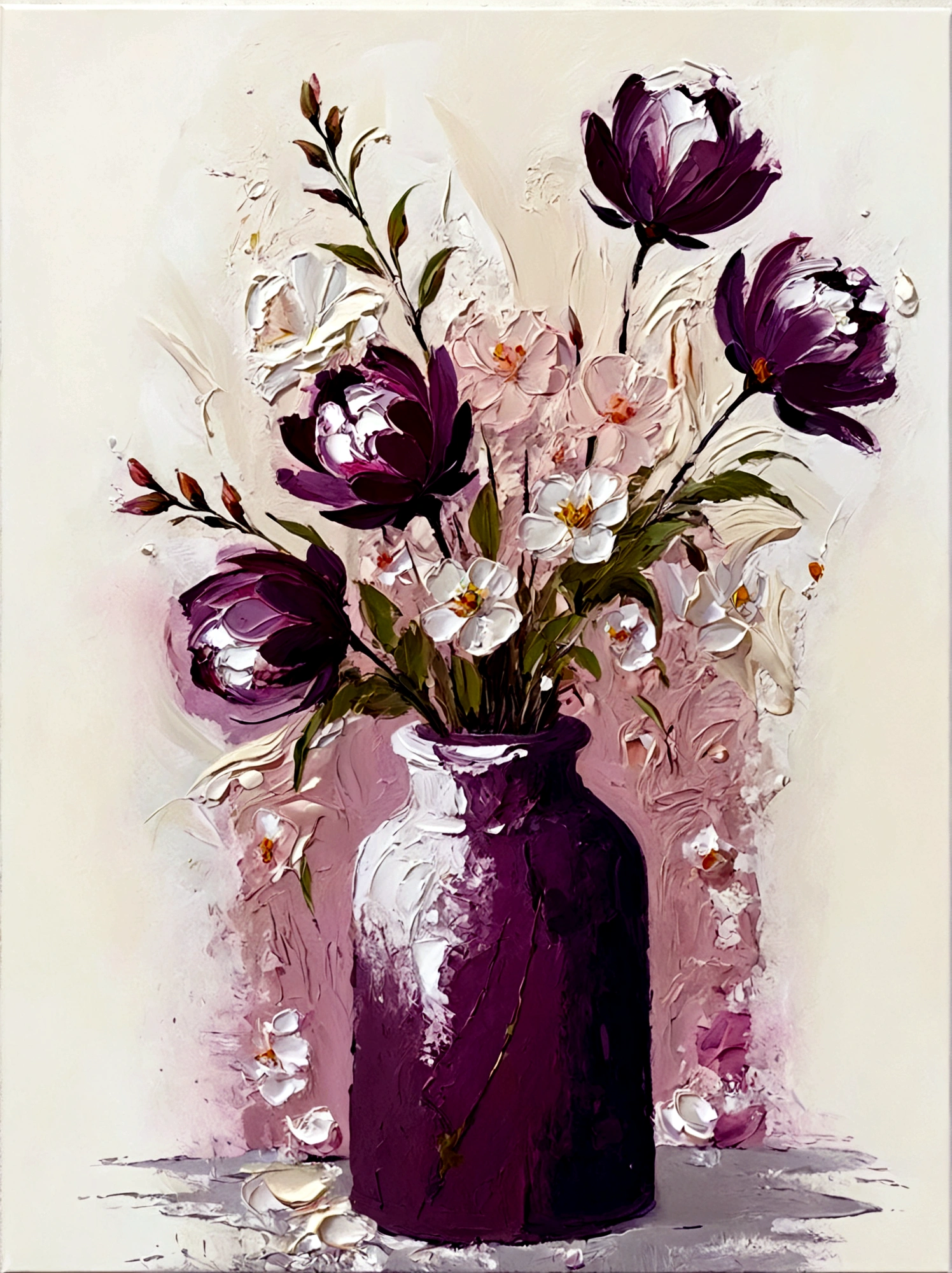 vase,plum bossom,Small flowers,Flowers,bright,pink,White background,vanilla,cream,Abstract Art,emotion,emotion,Thick textured paint,