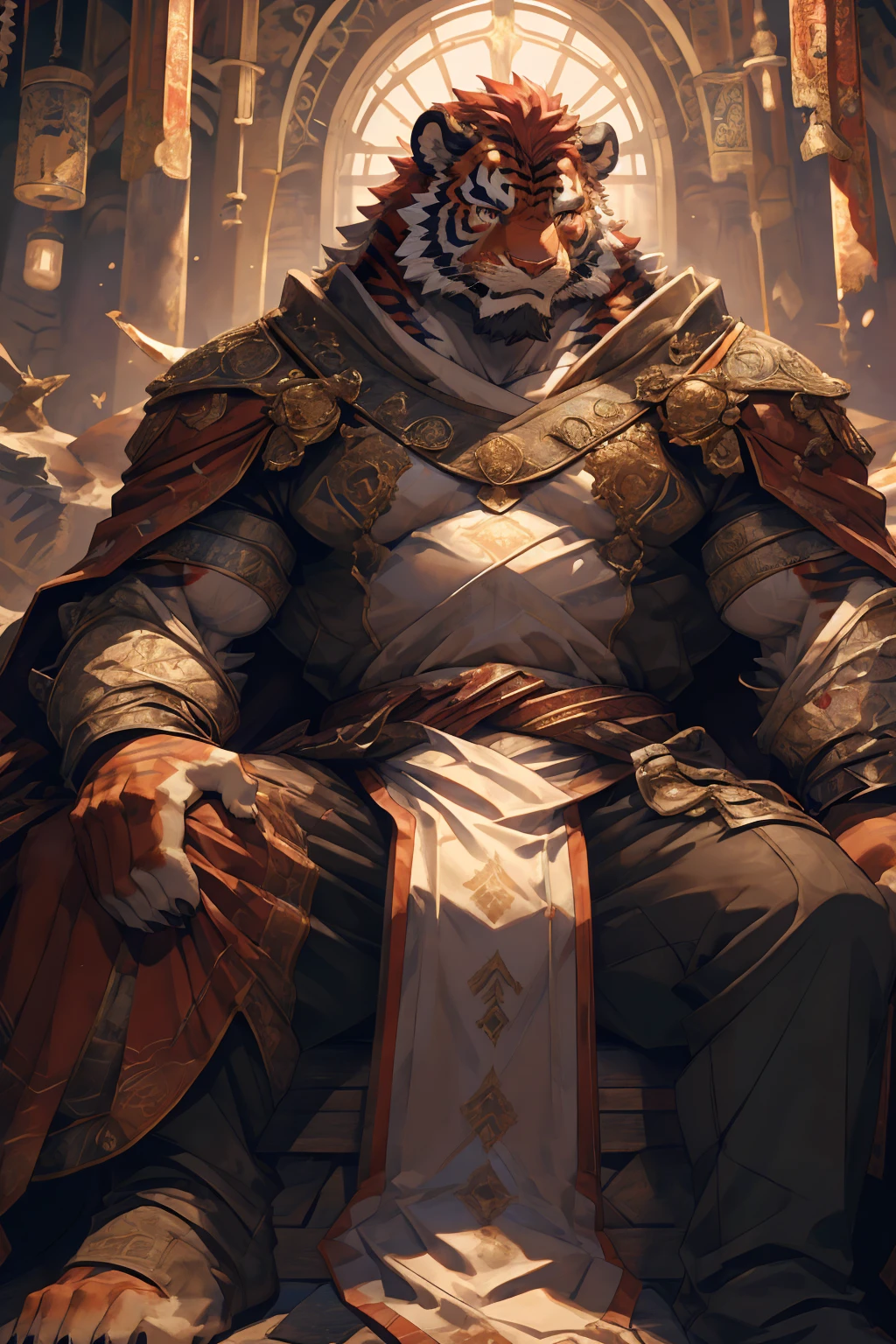 (赤红色tiger),(赤红流火Military commander战袍),Holding a long sword,Awesome posture,Sitting quietly on the edge of the cliff,(The background is a city with bright lights.:1.2),Abdominal muscles,Heroic飒爽,完美的masterpiece,Various facial details,Close-up view,specific description,masterpiece,cg,(Red eyes),Crimson pattern,Crimson tail,Military commander,Heroic,tiger,Crimson fur,Detailed facial details,Half Body,(赤红Military commander战履),(Long feather),((middle aged)),(Face Focus),(16K),HD,Red and white abdomen,temple,beard,(Face lines),Heterochromia,(Red battle robe),(Crimson hair),Strong,muscle,(high resolution:1.3),(Sitting on the cliff and looking at the lights of thousands of houses)