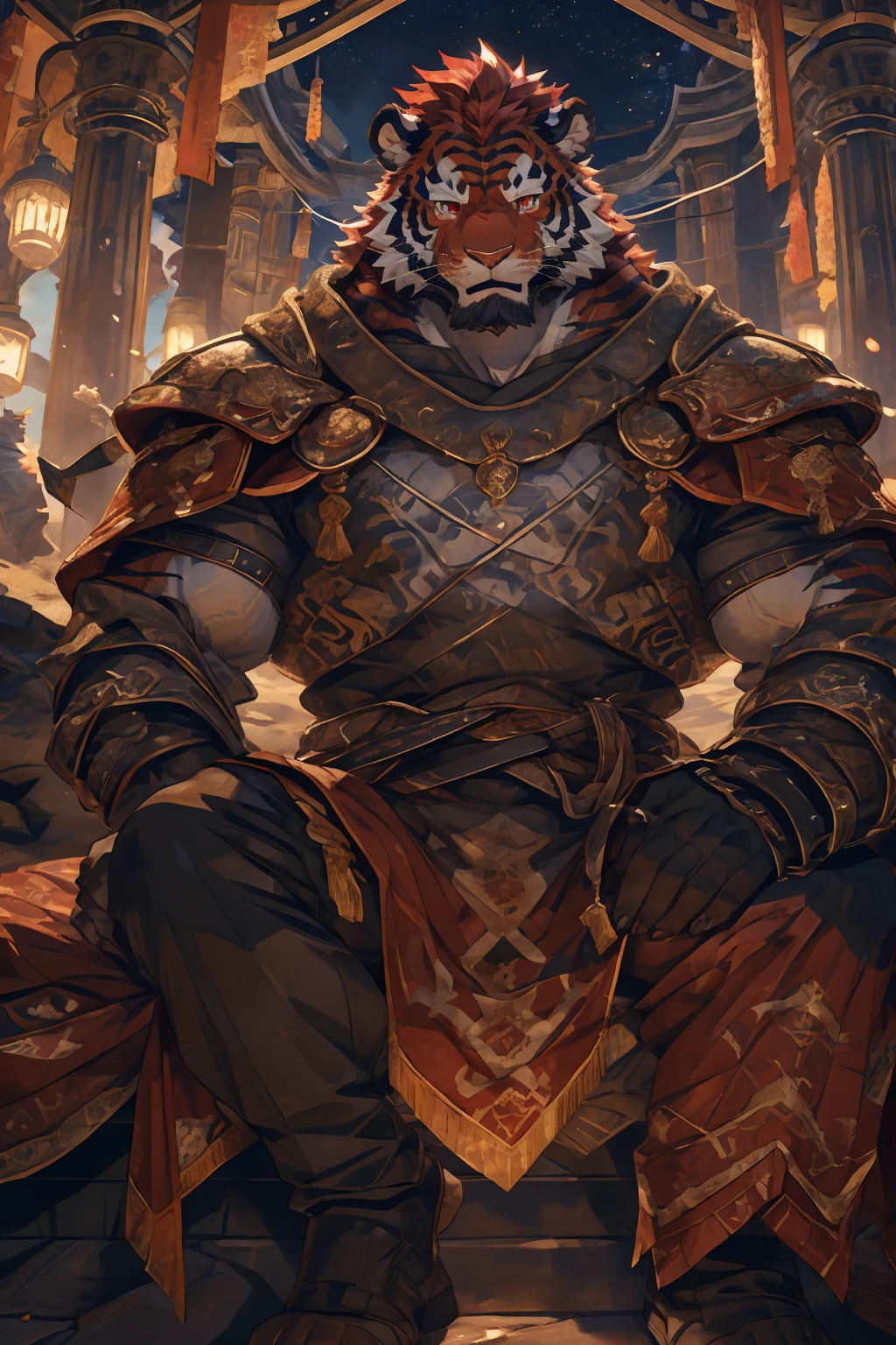 (赤红色tiger),(赤红流火Military commander战袍),Holding a long sword,Awesome posture,Sitting quietly on the edge of the cliff,(The background is a city with bright lights.:1.2),Abdominal muscles,Heroic飒爽,完美的masterpiece,Various facial details,Close-up view,specific description,masterpiece,cg,(Red eyes),Crimson pattern,Crimson tail,Military commander,Heroic,tiger,Crimson fur,Detailed facial details,Half Body,(赤红Military commander战履),(Long feather),((middle aged)),(Face Focus),(16K),HD,Red and white abdomen,temple,beard,(Face lines),Heterochromia,(Red battle robe),(Crimson hair),Strong,muscle,(high resolution:1.3),(Sitting on the cliff and looking at the lights of thousands of houses)