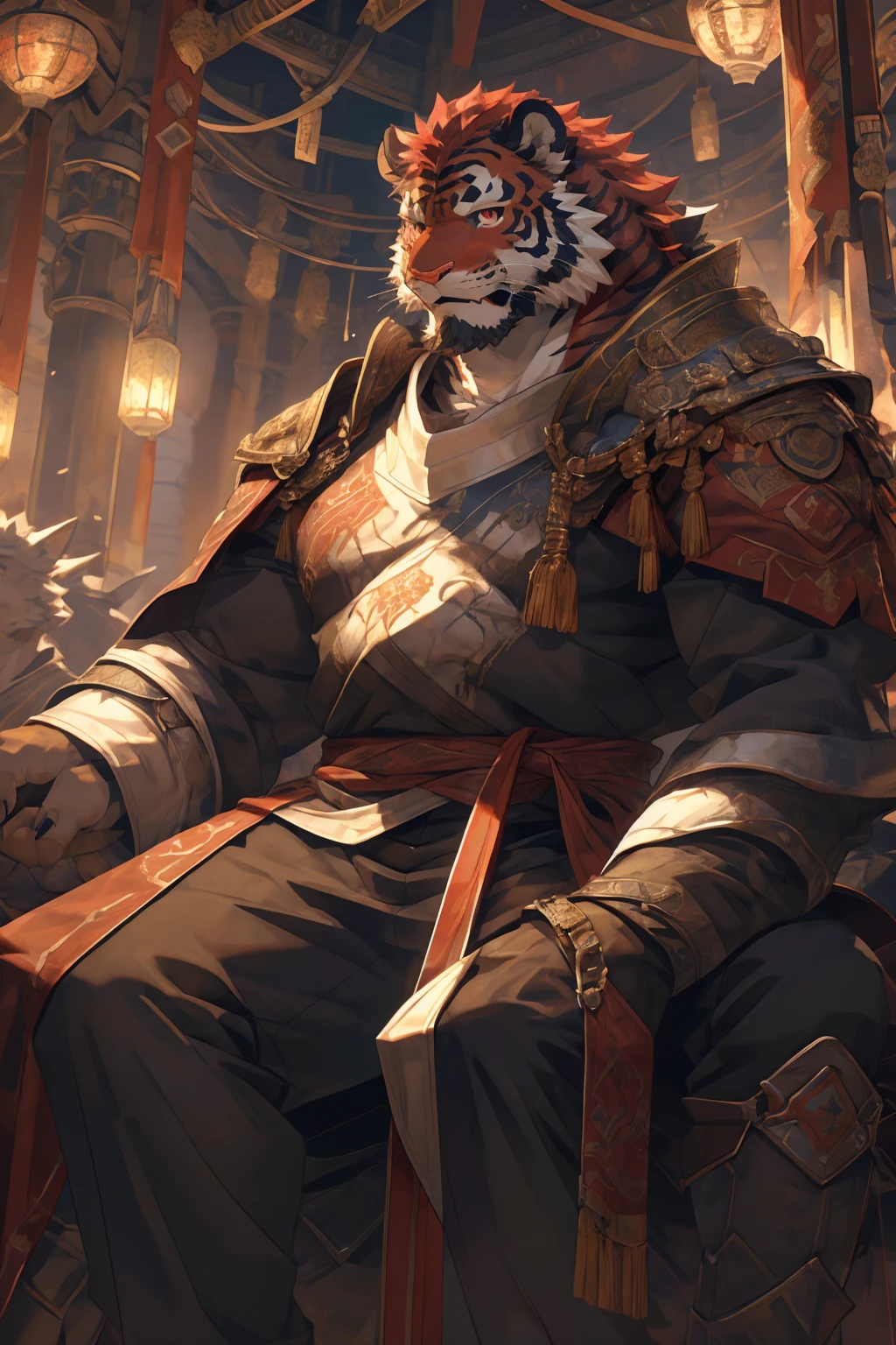 (赤红色tiger),(赤红流火Military commander战袍),Holding a long sword,Awesome posture,Sitting quietly on the edge of the cliff,(The background is a city with bright lights.:1.2),Abdominal muscles,Heroic飒爽,完美的masterpiece,Various facial details,Close-up view,specific description,masterpiece,cg,(Red eyes),Crimson pattern,Crimson tail,Military commander,Heroic,tiger,Crimson fur,Detailed facial details,Half Body,(赤红Military commander战履),(Long feather),((middle aged)),(Face Focus),(16K),HD,Red and white abdomen,temple,beard,(Face lines),Heterochromia,(Red battle robe),(Crimson hair),Strong,muscle,(high resolution:1.3),(Sitting on the cliff and looking at the lights of thousands of houses)