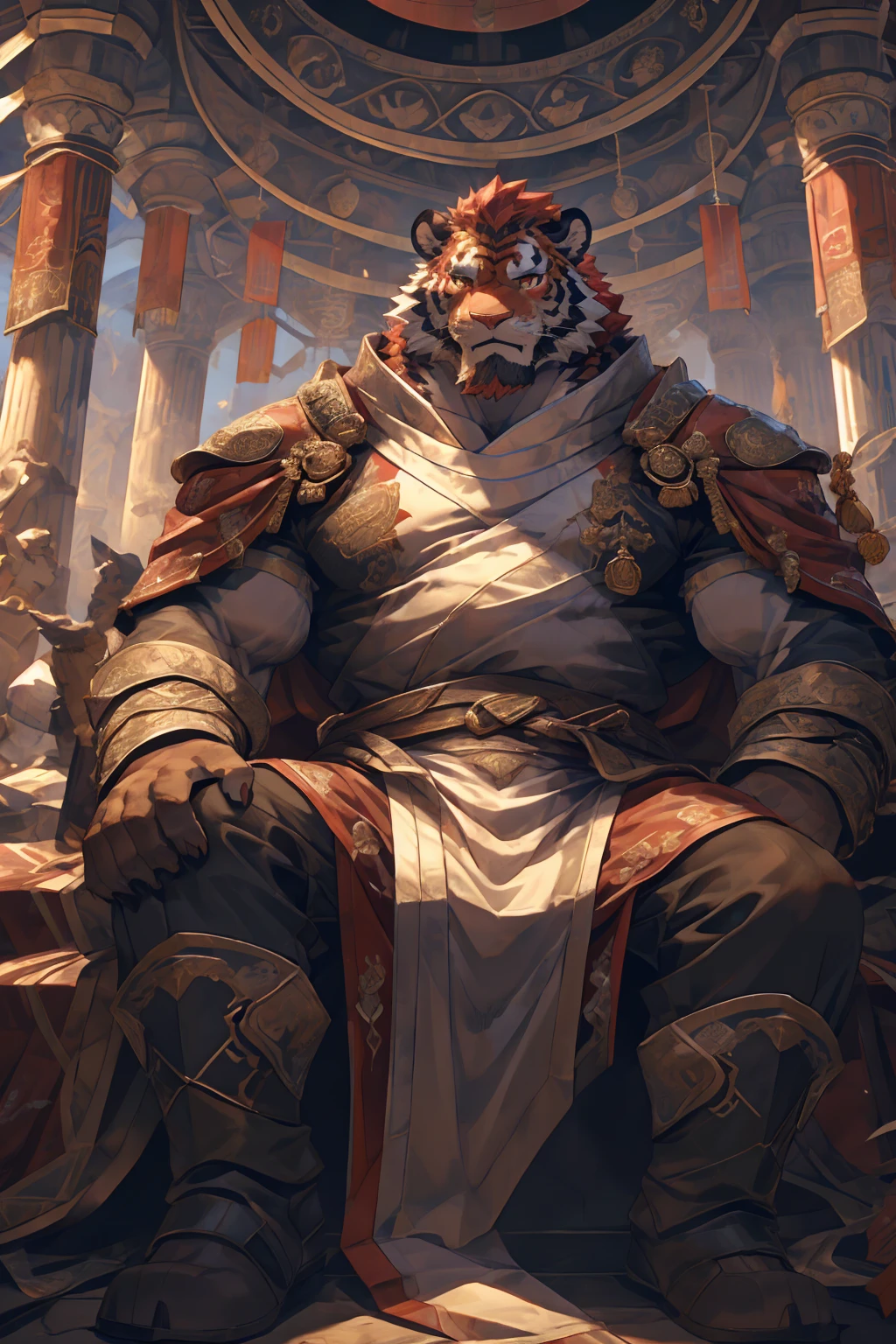 (赤红色tiger),(赤红流火Military commander战袍),Holding a long sword,Awesome posture,Sitting quietly on the edge of the cliff,(The background is a city with bright lights.:1.2),Abdominal muscles,Heroic飒爽,完美的masterpiece,Various facial details,Close-up view,specific description,masterpiece,cg,(Red eyes),Crimson pattern,Crimson tail,Military commander,Heroic,tiger,Crimson fur,Detailed facial details,Half Body,(赤红Military commander战履),(Long feather),((middle aged)),(Face Focus),(16K),HD,Red and white abdomen,temple,beard,(Face lines),Heterochromia,(Red battle robe),(Crimson hair),Strong,muscle,(high resolution:1.3),(Sitting on the cliff and looking at the lights of thousands of houses)