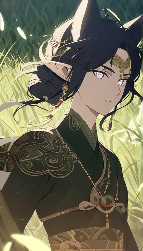 1man, elven ears, earth god, dark black hair, short fluffy hairstyle, glowing grey eyes, grass fields, thai style, elegant, traditional thai clothes,