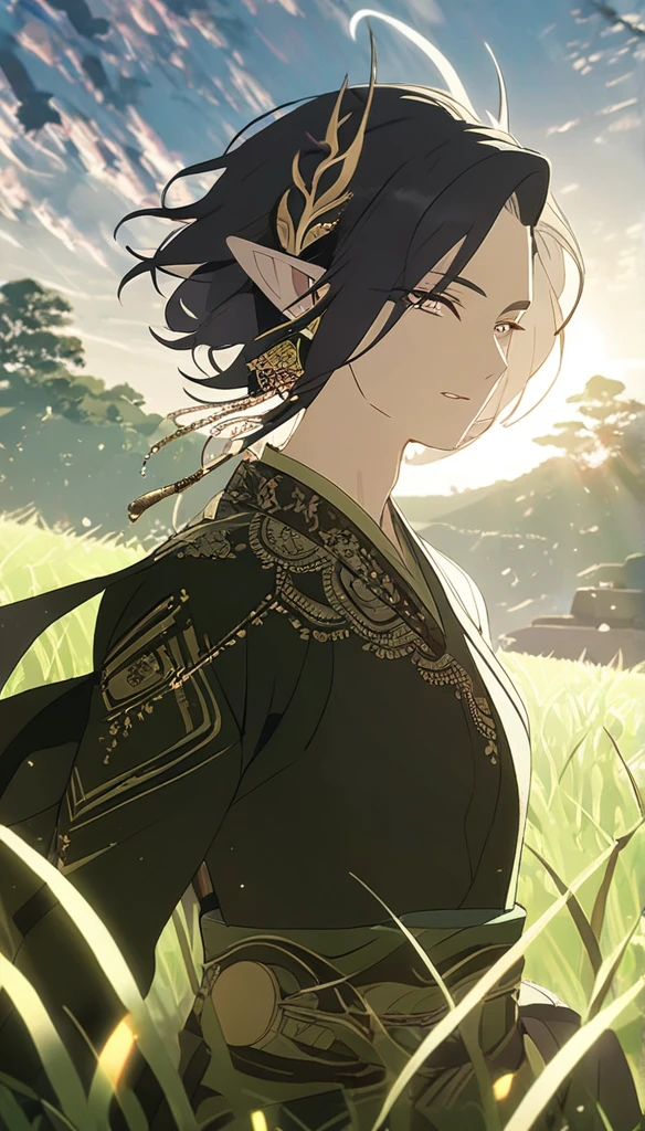 1man, elven ears, earth god, dark black hair, short fluffy hairstyle, glowing grey eyes, grass fields, thai style, elegant, traditional thai clothes,