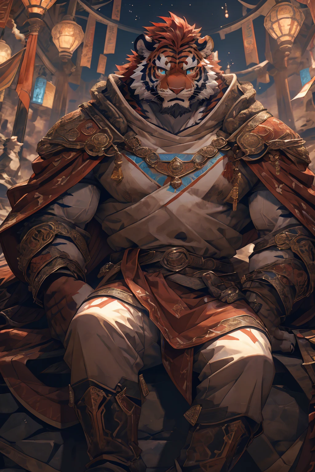 (赤红色tiger),(赤红流火Military commander战袍),Holding a long sword,Awesome posture,Sitting quietly on the edge of the cliff,(The background is a city with bright lights.:1.2),Abdominal muscles,Heroic飒爽,完美的masterpiece,Various facial details,Close-up view,specific description,masterpiece,cg,(Red eyes),Crimson pattern,Crimson tail,Military commander,Heroic,tiger,Crimson fur,Detailed facial details,Half Body,(赤红Military commander战履),(Long feather),((middle aged)),(Face Focus),(16K),HD,Red and white abdomen,temple,beard,(Face lines),Heterochromia,(Red battle robe),(Crimson hair),Strong,muscle,(high resolution:1.3),(Sitting on the cliff and looking at the lights of thousands of houses)