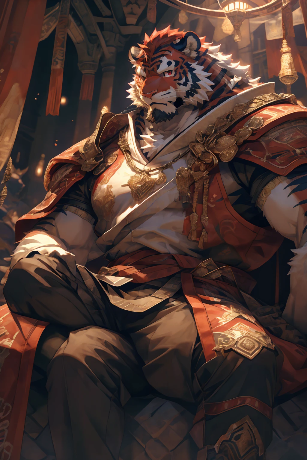 (赤红色tiger),(赤红流火Military commander战袍),Holding a long sword,Awesome posture,Sitting quietly on the edge of the cliff,(The background is a city with bright lights.:1.2),Abdominal muscles,Heroic飒爽,完美的masterpiece,Various facial details,Close-up view,specific description,masterpiece,cg,(Red eyes),Crimson pattern,Crimson tail,Military commander,Heroic,tiger,Crimson fur,Detailed facial details,Half Body,(赤红Military commander战履),(Long feather),((middle aged)),(Face Focus),(16K),HD,Red and white abdomen,temple,beard,(Face lines),Heterochromia,(Red battle robe),(Crimson hair),Strong,muscle,(high resolution:1.3),(Sitting on the cliff and looking at the lights of thousands of houses)