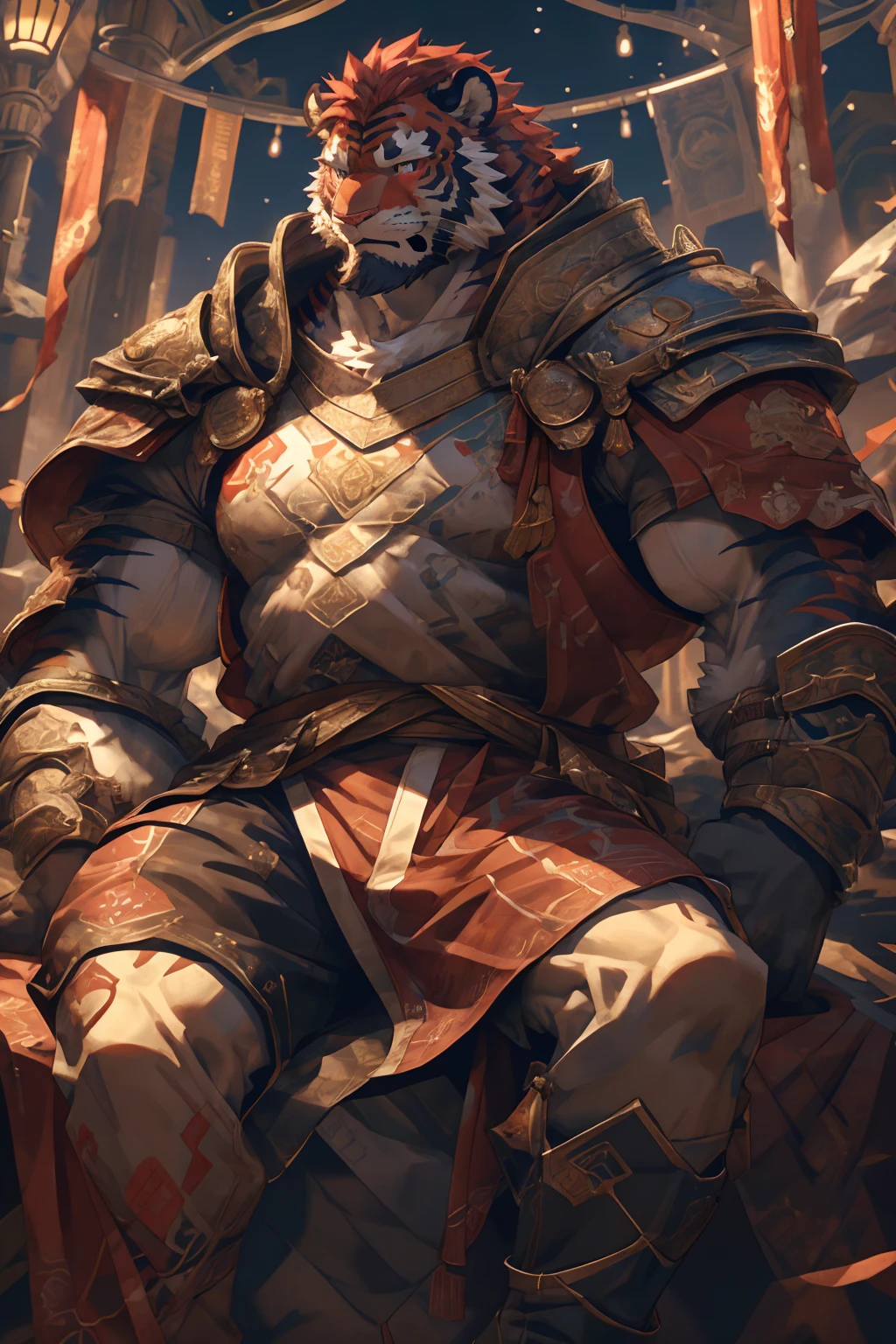 (赤红色tiger),(赤红流火Military commander战袍),Holding a long sword,Awesome posture,Sitting quietly on the edge of the cliff,(The background is a city with bright lights.:1.2),Abdominal muscles,Heroic飒爽,完美的masterpiece,Various facial details,Close-up view,specific description,masterpiece,cg,(Red eyes),Crimson pattern,Crimson tail,Military commander,Heroic,tiger,Crimson fur,Detailed facial details,Half Body,(赤红Military commander战履),(Long feather),((middle aged)),(Face Focus),(16K),HD,Red and white abdomen,temple,beard,(Face lines),Heterochromia,(Red battle robe),(Crimson hair),Strong,muscle,(high resolution:1.3),(Sitting on the cliff and looking at the lights of thousands of houses)