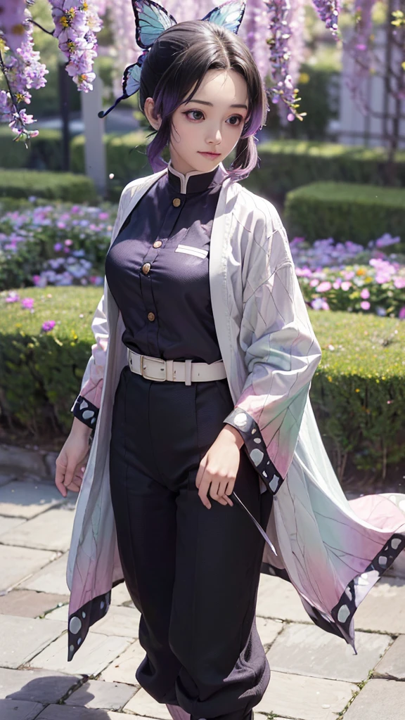 Ultra-realistic 8k CG,masterpiece,((ultra-detailed background, delicate pattern, intricate details)),best quality,very detailed face,extremely detailed eyes and face,extremely detailed eyes,kochou shinobu,multicolored hair,no bangs,hair intakes,purple eyes,forehead,black shirt,black pants,haori,butterfly,buttons,belt,(Garden:1.2),purple flower,chibi,cloudy sky,sunlight,Tindal effect,gradient_sky,face,Gorgeous sky,Waist Sabre,Charming posture, standing, idle, hand on hip, foot, full body, standing, hand on hip
