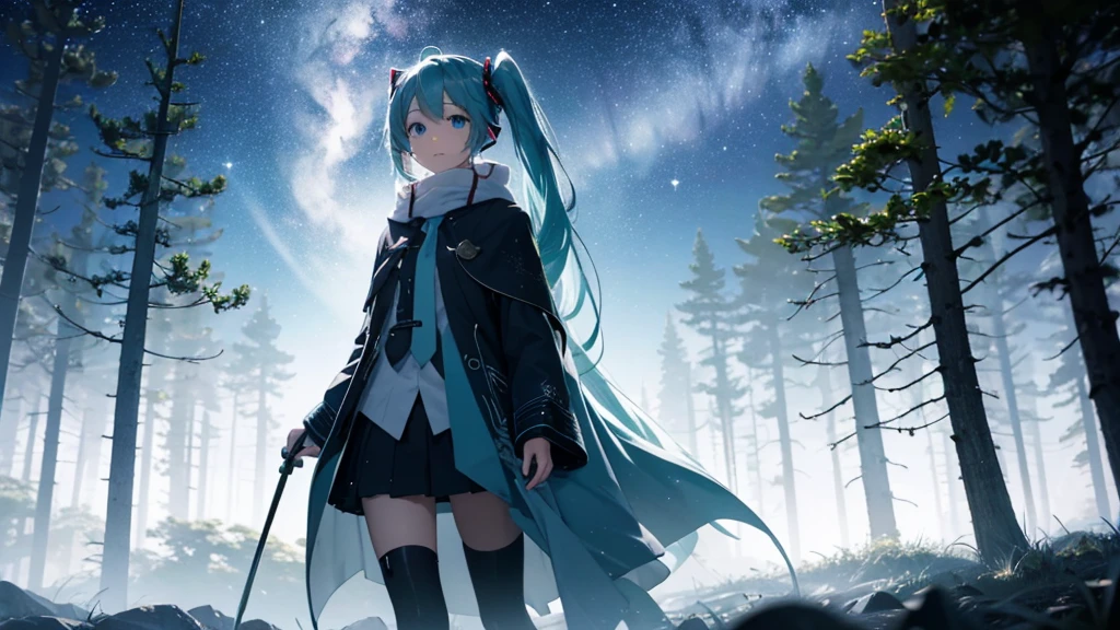 Set against the backdrop of an adventurous fantasy world、This is an image of Hatsune Miku walking through a dark forest.。She wears a mysterious cloak、In his hand he holds a glowing wand。The surroundings are shrouded in fog、In the distance you can see the silhouette of an ancient castle。The sky is a starry night、The moon casts a magical light over the forest.。