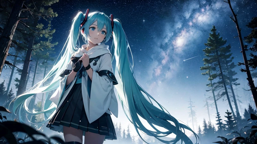 Set against the backdrop of an adventurous fantasy world、This is an image of Hatsune Miku walking through a dark forest.。She wears a mysterious cloak、In his hand he holds a glowing wand。The surroundings are shrouded in fog、In the distance you can see the silhouette of an ancient castle。The sky is a starry night、The moon casts a magical light over the forest.。