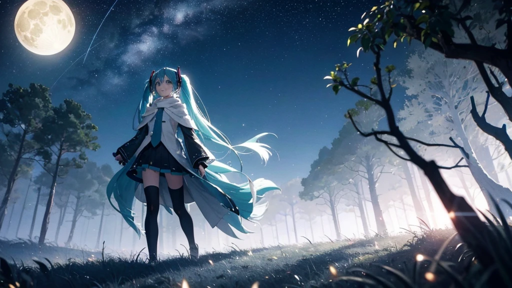 Set against the backdrop of an adventurous fantasy world、This is an image of Hatsune Miku walking through a dark forest.。She wears a mysterious cloak、In his hand he holds a glowing wand。The surroundings are shrouded in fog、In the distance you can see the silhouette of an ancient castle。The sky is a starry night、The moon casts a magical light over the forest.。