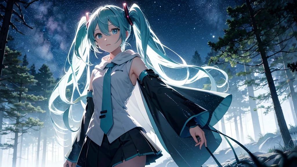 Set against the backdrop of an adventurous fantasy world、This is an image of Hatsune Miku walking through a dark forest.。She wears a mysterious cloak、In his hand he holds a glowing wand。The surroundings are shrouded in fog、In the distance you can see the silhouette of an ancient castle。The sky is a starry night、The moon casts a magical light over the forest.。