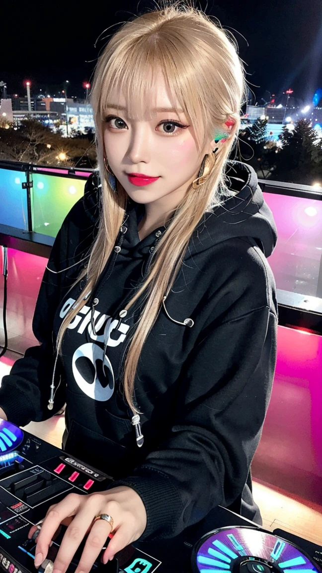 Highest quality, Tabletop, Ultra-high resolution, (Realistic:1.4), (Japanese Idols),RAW Photos, One Girl, night,Detailed skin,nightclub,Disco,(blonde:1.2), Glossy Lips,smile,21 years old,Beautiful and beautiful eyes,eye shadow,Diamond jewellery,Earrings,Gold Jewelry,(hoodie:1.3),,(Shoulder strengthening:1.2),A well-trained body,(Pixie Cut),Round face,(playing music as a DJ:1.5),  (DJ:1.2) Vibrant performances (Music Festival:1.2) and (Lively crowd:1.1) and (Colorful stage lights:1.1),