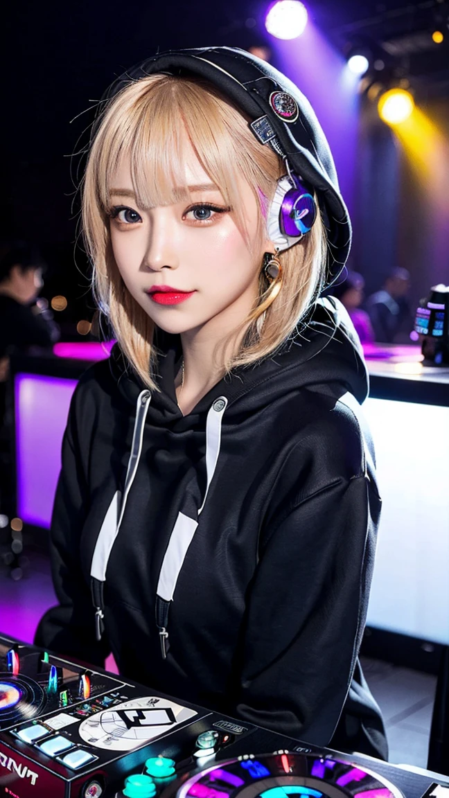 Highest quality, Tabletop, Ultra-high resolution, (Realistic:1.4), (Japanese Idols),RAW Photos, One Girl, night,Detailed skin,nightclub,Disco,(blonde:1.2), Glossy Lips,smile,21 years old,Beautiful and beautiful eyes,eye shadow,Diamond jewellery,Earrings,Gold Jewelry,(hoodie:1.3),,(Shoulder strengthening:1.2),A well-trained body,(Pixie Cut),Round face,(playing music as a DJ:1.5), (DJ:1.2) Vibrant performances (Music Festival:1.2) and (Lively crowd:1.1) and (Colorful stage lights:1.1),Cleavage、Medium breast