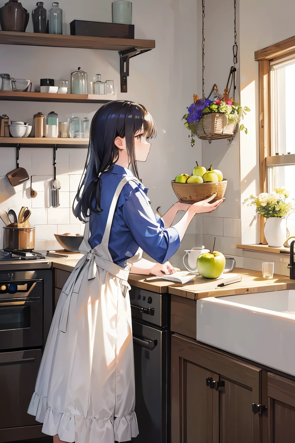 A girl is seen from behind, standing in a modern and cozy kitchen. She is wearing a blue shirt and a plaid apron tied at the back. The kitchen is bright and airy, with white walls and wooden countertops. There are various plants and kitchen items neatly arranged on the shelves. On the right side, there is a white pitcher with dried flowers and a small shelf holding a bowl of green apples, a wicker basket, and a couple of mugs. In the foreground, a wooden dining table is adorned with a vase of flowers and a bowl of red apples. The atmosphere is serene and homey, suggesting a calm and peaceful morning routine.