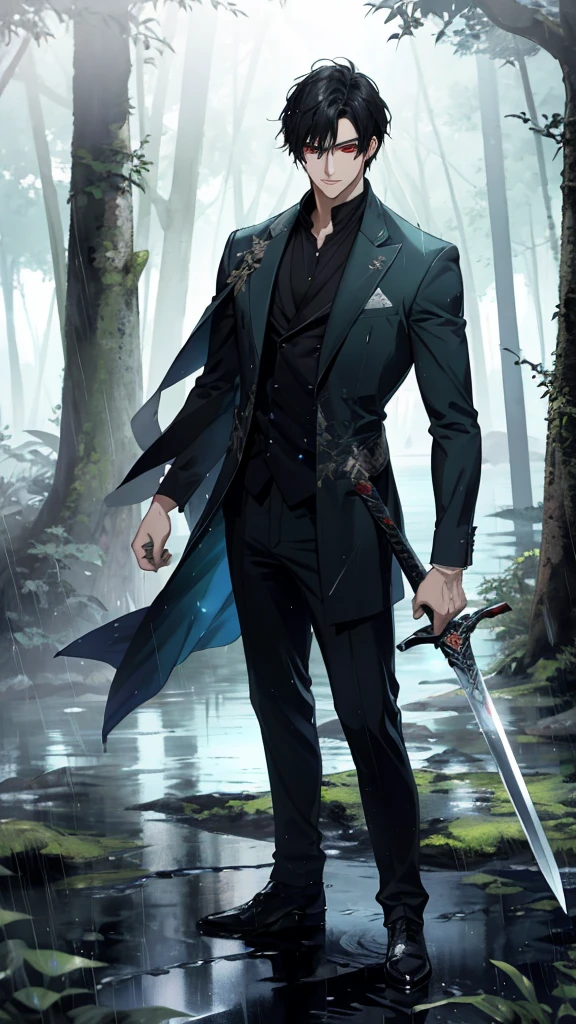 Anime-style male character standing in forest, Grasping the sword in the left hand (black sword with darkness aura), (black hair:1.2), (gentle expression:1.1), red eyes, white outfit, (Standing in the middle of the forest with rainwater on the ground:1.3), sunlight reflecting on water, rain forest, subtle water splashes, high-resolution digital art, soft color palette, tranquil atmosphere, (serene ocean background:1.1), realistic water texture