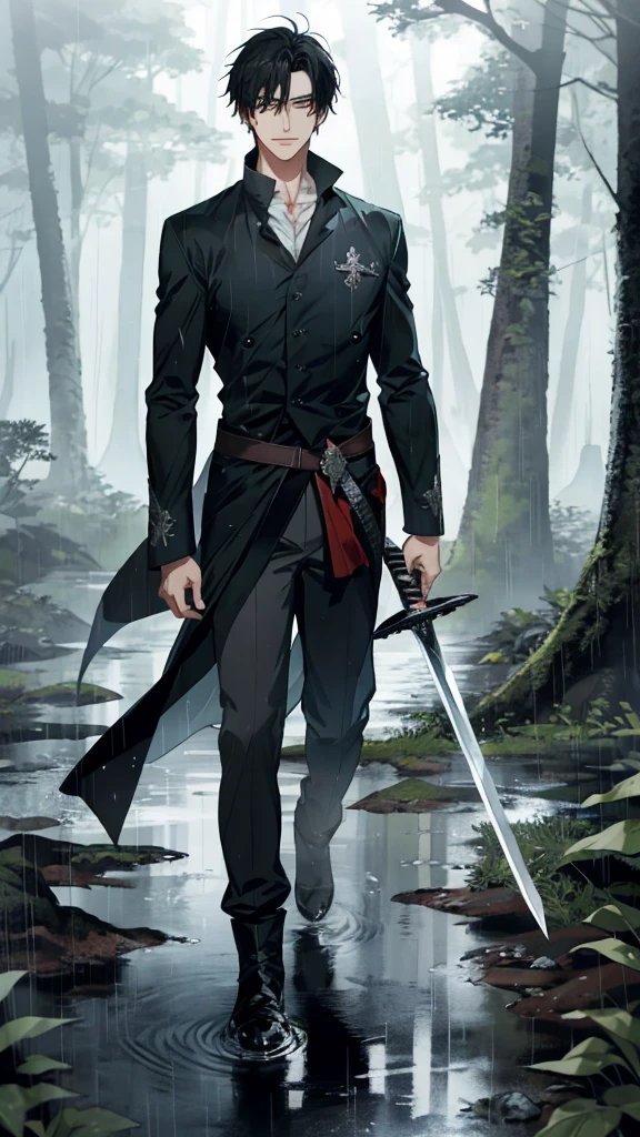 Anime-style male character standing in forest, Grasping the sword in the left hand (black sword with darkness aura), (black hair:1.2), (gentle expression:1.1), red eyes, white outfit, (Standing in the middle of the forest with rainwater on the ground:1.3), sunlight reflecting on water, rain forest, subtle water splashes, high-resolution digital art, soft color palette, tranquil atmosphere, (serene ocean background:1.1), realistic water texture