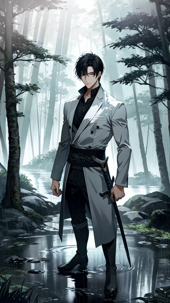 Anime-style male character standing in forest, Grasping the sword in the left hand (black sword with darkness aura), (black hair:1.2), (gentle expression:1.1), red eyes, white outfit, (Standing in the middle of the forest with rainwater on the ground:1.3), sunlight reflecting on water, rain forest, subtle water splashes, high-resolution digital art, soft color palette, tranquil atmosphere, (serene ocean background:1.1), realistic water texture