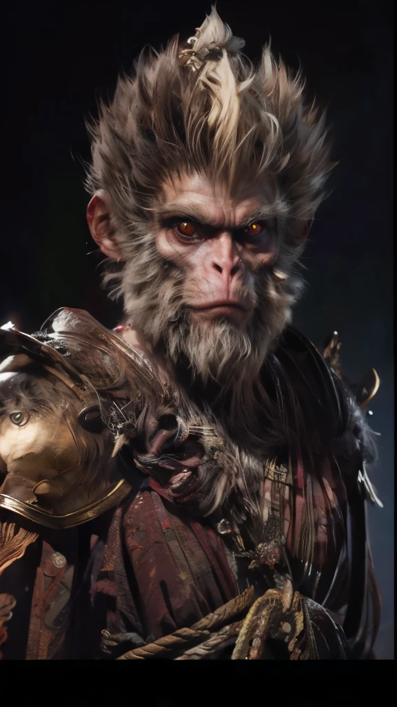(irascible, going,Qi Tian Great Sage,monkey king,A high resolution, superfino), (Sharp-beaked monkey gills), Black West Tour,PAN(((eerie glowing red eyes)))looks at the camera, evil gaze, clear facial features, (Curse of the Golden Ring),He held a long golden metal staff.。。。, Exposed monkey teeth, Dressed in beautiful golden armor, The tattered red cape fluttered in the wind,Rosto do monkey king, Sit on a mountain full of yokai skulls, Royal temperament, photo by full body, cinematic rim light, The light is delicate, Masterpiece artwork, ultra detali, epic composition, super HD, high qualiy, Majority, 32k, ssmile, poisonous fangs
