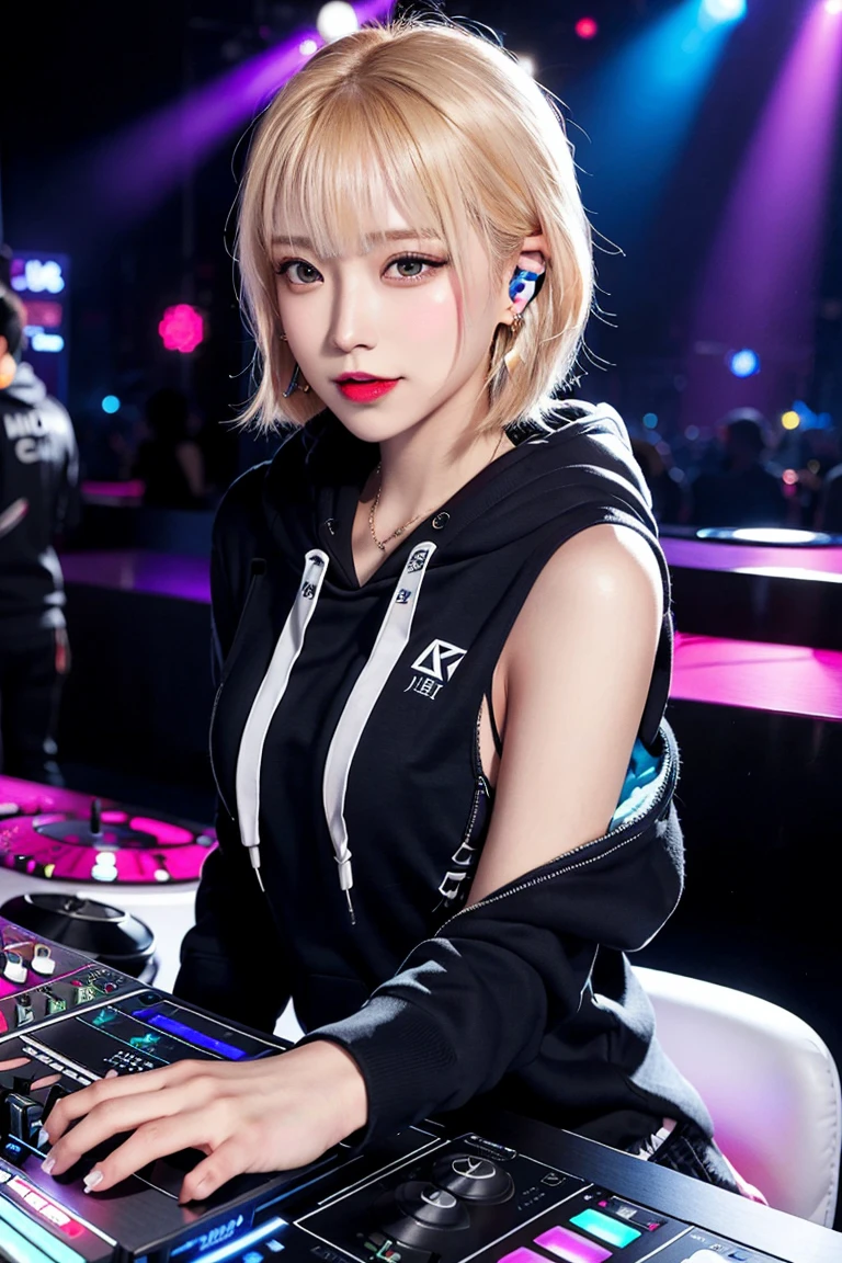 Highest quality, Tabletop, Ultra-high resolution, (Realistic:1.4), (Japanese Idols),RAW Photos, One Girl, night,Detailed skin,nightclub,Disco,(blonde:1.2), Glossy Lips,smile,21 years old,Beautiful and beautiful eyes,eye shadow,Diamond jewellery,Earrings,Gold Jewelry,(hoodie:1.3),,(Shoulder strengthening:1.2),A well-trained body,(Pixie Cut),Round face,(playing music as a DJ:1.5),  (DJ:1.2) Vibrant performances (Music Festival:1.2) and (Lively crowd:1.1) and (Colorful stage lights:1.1),