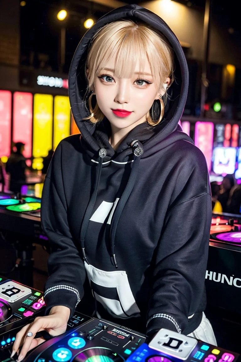 Highest quality, Tabletop, Ultra-high resolution, (Realistic:1.4), (Japanese Idols),RAW Photos, One Girl, night,Detailed skin,nightclub,Disco,(blonde:1.2), Glossy Lips,smile,21 years old,Beautiful and beautiful eyes,eye shadow,Diamond jewellery,Earrings,Gold Jewelry,(hoodie:1.3),,(Shoulder strengthening:1.2),A well-trained body,(Pixie Cut),Round face,(playing music as a DJ:1.5), (DJ:1.2) Vibrant performances (Music Festival:1.2) and (Lively crowd:1.1) and (Colorful stage lights:1.1),