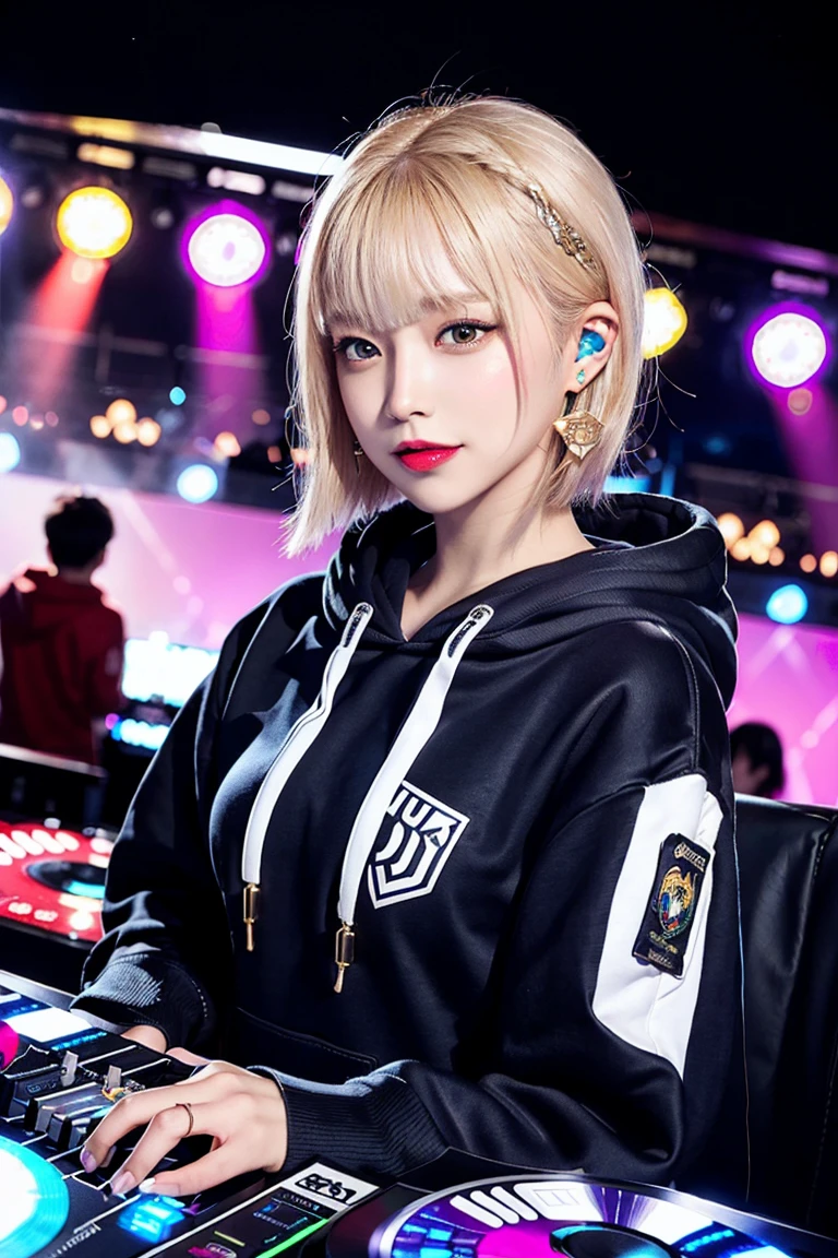 Highest quality, Tabletop, Ultra-high resolution, (Realistic:1.4), (Japanese Idols),RAW Photos, One Girl, night,Detailed skin,nightclub,Disco,(blonde:1.2), Glossy Lips,smile,21 years old,Beautiful and beautiful eyes,eye shadow,Diamond jewellery,Earrings,Gold Jewelry,(hoodie:1.3),,(Shoulder strengthening:1.2),A well-trained body,(Pixie Cut),Round face,(playing music as a DJ:1.5),  (DJ:1.2) Vibrant performances (Music Festival:1.2) and (Lively crowd:1.1) and (Colorful stage lights:1.1),