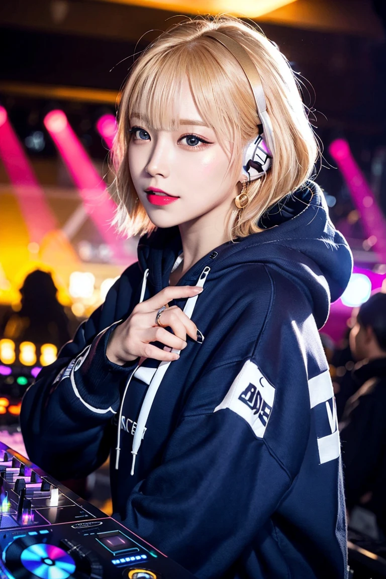 Highest quality, Tabletop, Ultra-high resolution, (Realistic:1.4), (Japanese Idols),RAW Photos, One Girl, night,Detailed skin,nightclub,Disco,(blonde:1.2), Glossy Lips,smile,21 years old,Beautiful and beautiful eyes,eye shadow,Diamond jewellery,Earrings,Gold Jewelry,(hoodie:1.3),,(Shoulder strengthening:1.2),A well-trained body,(Pixie Cut),Round face,(playing music as a DJ:1.5), (DJ:1.2) Vibrant performances (Music Festival:1.2) and (Lively crowd:1.1) and (Colorful stage lights:1.1),