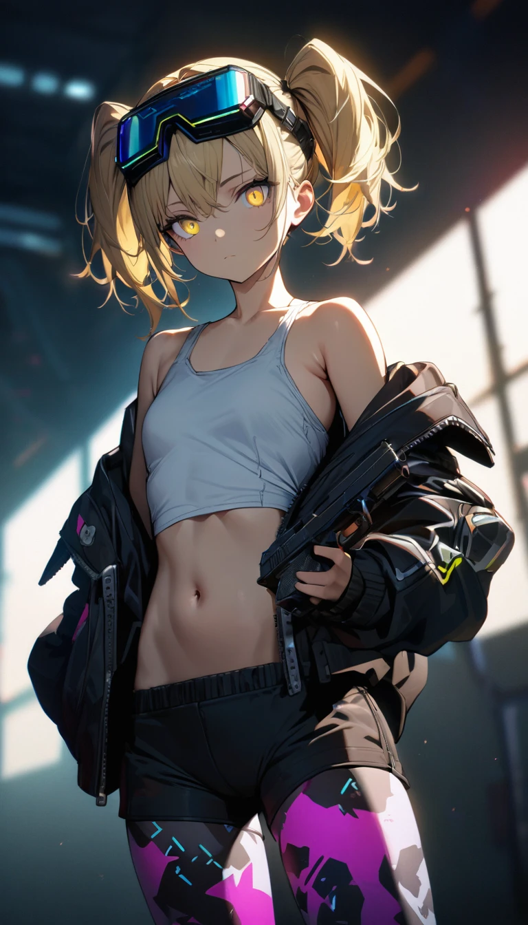 a handsome girl, solo, blond hair, twintails, yellow eyes,(bright eyes:1.2), cyber punk black jacket, white tank top, goggles on head, [navel], off shoulder, open jacket, black shorts, print pantyhose,
handgun,
expressionless, blurry background, perfect lighting, perfect angle, masterpiece, best quality, extremely detailed face,