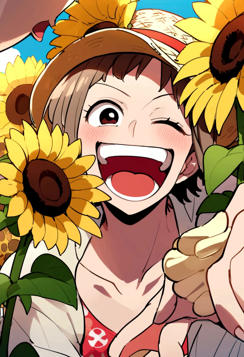 Summer sky、sunflower、Straw hat、Big smile、Oxytocin、One Piece Appears、Please open your mouth wide、Wink、bright, Energetic and aggressive、