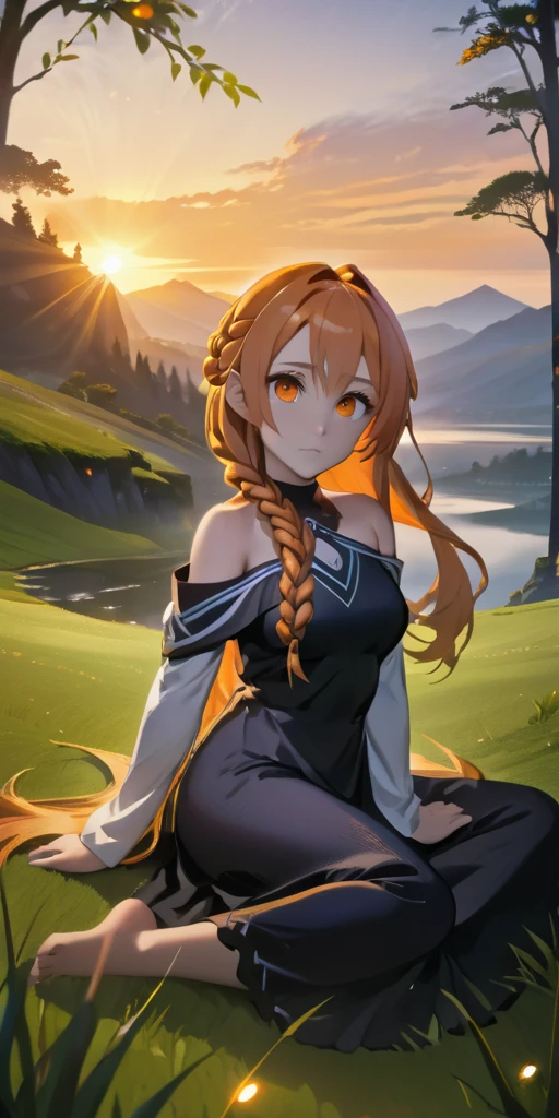 asuna yuuki (long hair, orange hair:1.3), fold hair, braid, orange eyes, breasts, epic art, fantasy, 1girl, grass, solo, barefoot, sitting, breasts, mountain, sunset, dress, bare_shoulders, outdoors, looking_at_viewer, off_shoulder, field, sky, lake, collarbone, mountainous_horizon, indian_style, twilight, tree, black_dress, large_breasts, scenery, medium_breasts, feet, off-shoulder_dress, (bokeh:1.3), rock, hollow eyes, bright pupils, orange eyes, looking at viewer. (glowing eyes:1.3), heavy breathing, smirk, upper teeth, steaming