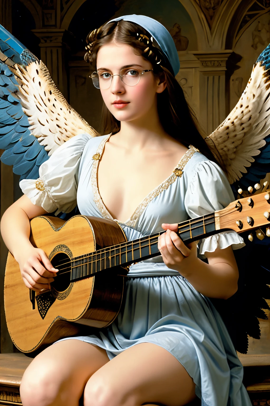 (Angel girl playing lute with bare chest blue eyes with classic war pilot googles on her head) (baroque realist style) (realistic peregrine falcon wings) (pose natural)