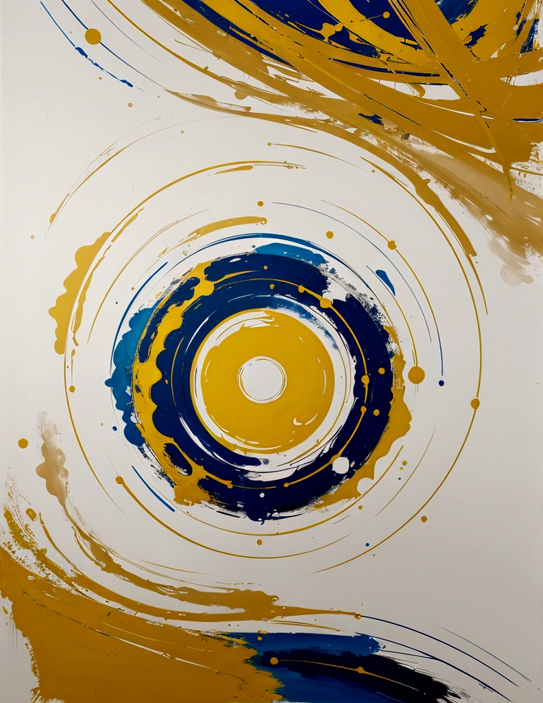 modern abstract painting, Golden, blue,yellow, Round asymmetrical abstract graphics, harmonious colors, major, high quality, Brushstrokes, balanced composition