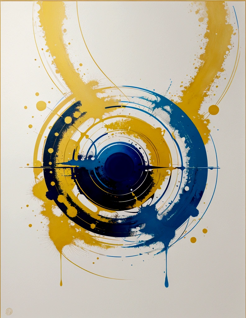 modern abstract painting, Golden, blue,yellow, Round asymmetrical abstract graphics, harmonious colors, major, high quality, Brushstrokes, balanced composition