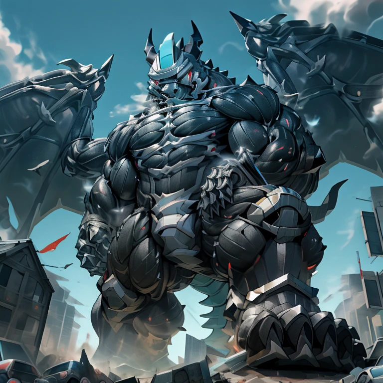 (masterpiece. official art. 8k. best quality. detailed full body. full body.)
(situation 1 : dominating demon lord dragon batzz. focus Colossus mechanical Muscular demon lord dragon batzz is trampling the CITY. macro. stomp. Low-angle perspective. emphasizing the immense size. The perspective is from below, emphasizing the sheer majesty and power of the Colossus. Colossus art. He is much bigger than a skyscraper. Giga Colossuss. micro soccer field. looking down.)

(situation 2 :smoke and flames rising from the destruction in the city)

(Additional details 1: wearing a full-face helmet. helmet is jet black. The color of NANOSUIT is jet black. high-tech bio-mecha armor. real texture material. whole body shines like metal. Wearing cyberpunk mecha. emphasizes the muscles. suit fully made of metal. intricate armor. Robotic suit. suit fully made of metal. NANOSUIT with the same design as demon lord dragon batzz.). (demon lord dragon batzz has 5 toes.)

(Additional details 2: (Detailed head. Detailed Body. Detailed abs. gigantic muscles. HYPER MUSCLES. Gigachad Muscular. big muscle. pecs. triceps. traps. unusually developed muscular body. body full of huge muscles. showing off muscles. pectorales enormes. Exaggeratedly huge muscles. huge muscles. long legs.).

(Additional details 3: nj5furry, Spread wings. It has wings. black have big wings. The claws are sharp. Sharp teeth.5 toes.). 