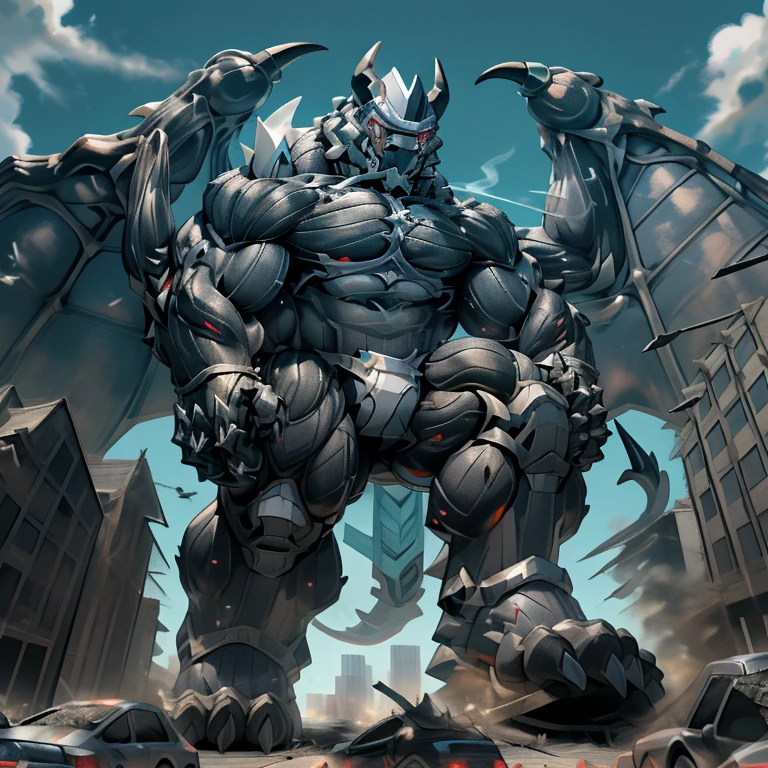 (masterpiece. official art. 8k. best quality. detailed full body. full body.)
(situation 1 : dominating demon lord dragon batzz. focus Colossus mechanical Muscular demon lord dragon batzz is trampling the CITY. macro. stomp. Low-angle perspective. emphasizing the immense size. The perspective is from below, emphasizing the sheer majesty and power of the Colossus. Colossus art. He is much bigger than a skyscraper. Giga Colossuss. micro soccer field. looking down.)
(situation 2 :smoke and flames rising from the destruction in the city)
(Additional details 1: wearing a full-face helmet. helmet is jet black. The color of NANOSUIT is jet black. high-tech bio-mecha armor. real texture material. whole body shines like metal. Wearing cyberpunk mecha. emphasizes the muscles. suit fully made of metal. intricate armor. Robotic suit. suit fully made of metal. NANOSUIT with the same design as demon lord dragon batzz.). (demon lord dragon batzz has 5 toes.)
(Additional details 2: (Detailed head. Detailed Body. Detailed abs. gigantic muscles. HYPER MUSCLES. Gigachad Muscular. big muscle. pecs. triceps. traps. unusually developed muscular body. body full of huge muscles. showing off muscles. pectorales enormes. Exaggeratedly huge muscles. huge muscles. long legs.).
(Additional details 3: nj5furry, Spread wings. It has wings. black have big wings. The claws are sharp. Sharp teeth.5 toes.).