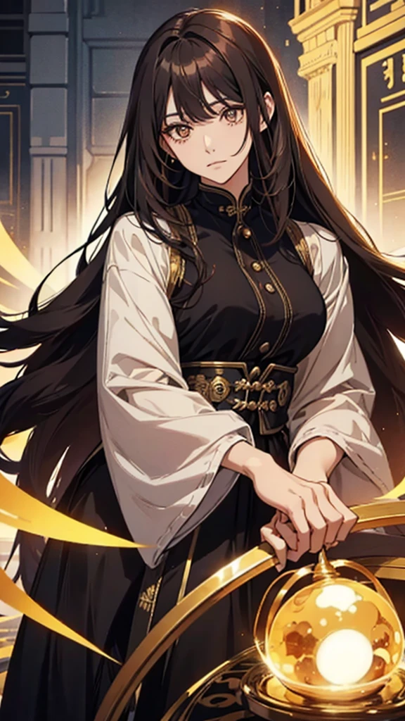 woman、40 years old、大人のwoman、Nasolabial folds、Long chestnut hair、Golden Eyes、Black dress、Long sleeve bolero
