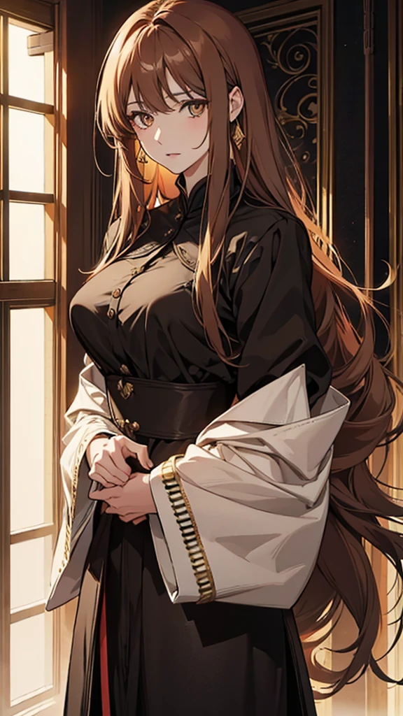 woman、40 years old、大人のwoman、Nasolabial folds、Long chestnut hair、Golden Eyes、Black dress、Long sleeve bolero