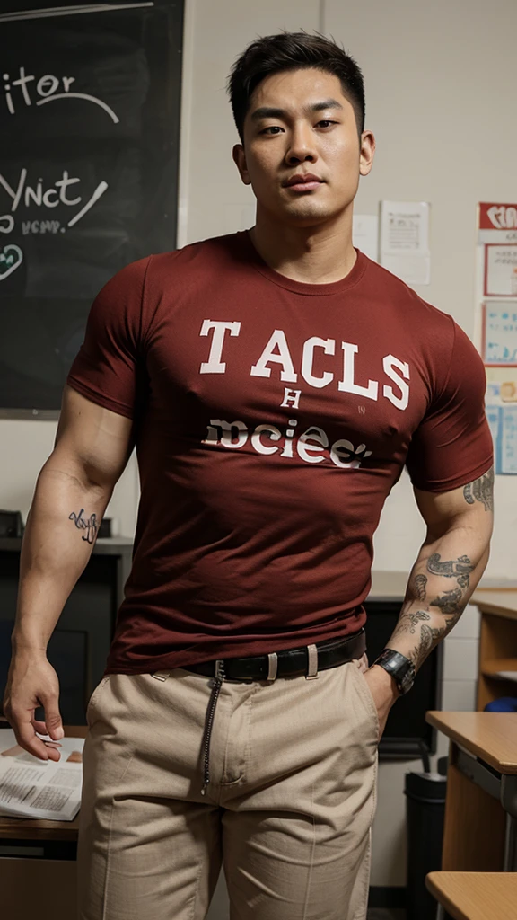 Big muscular Korean guy in a sexy teacher shirt with a tattoo on his left arm 