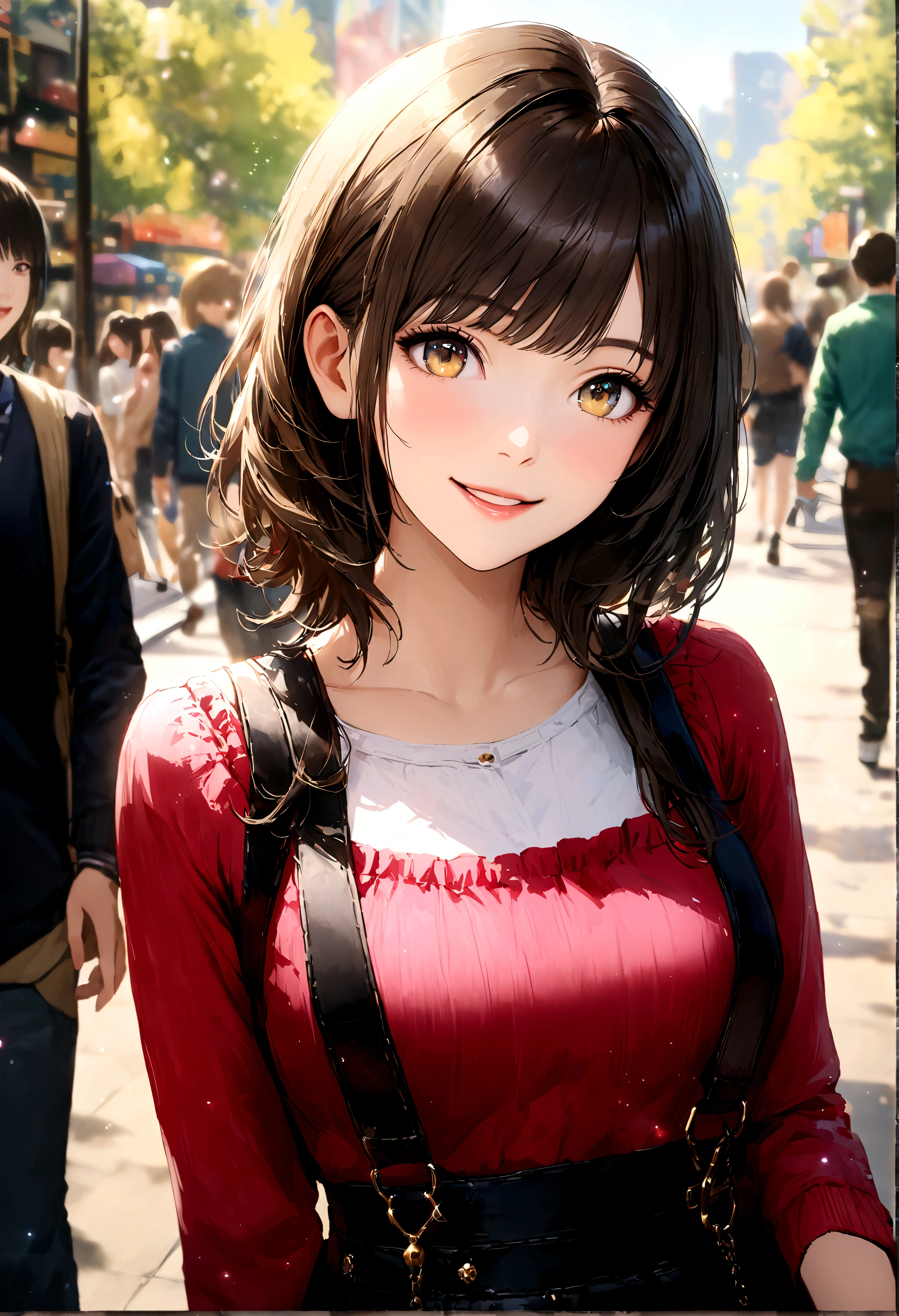 Shinjuku, Cute casual clothes,On a date,Blur the background,high school girl,smile,Glitter effect,Highest quality, 4K, 8K, High resolution, masterpiece:1.2, Very detailed, Realistic:1.37, High resolution, 超High resolution, Ultra-fine painting, Sharp focus, Physically Based Rendering, Very detailedな説明, Professional, Vibrant colors