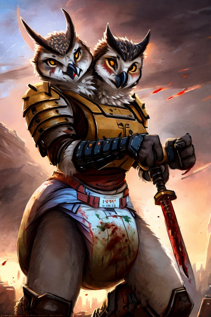 Kenket, Ross Tran, Ruan Jia, an Anthropomorphic great horned owl, two heads, (female:1.3), messy diaper with blood on it, cyberpunk, white body armor, sword dripping with blood, strained expression, (blood:1.3), 