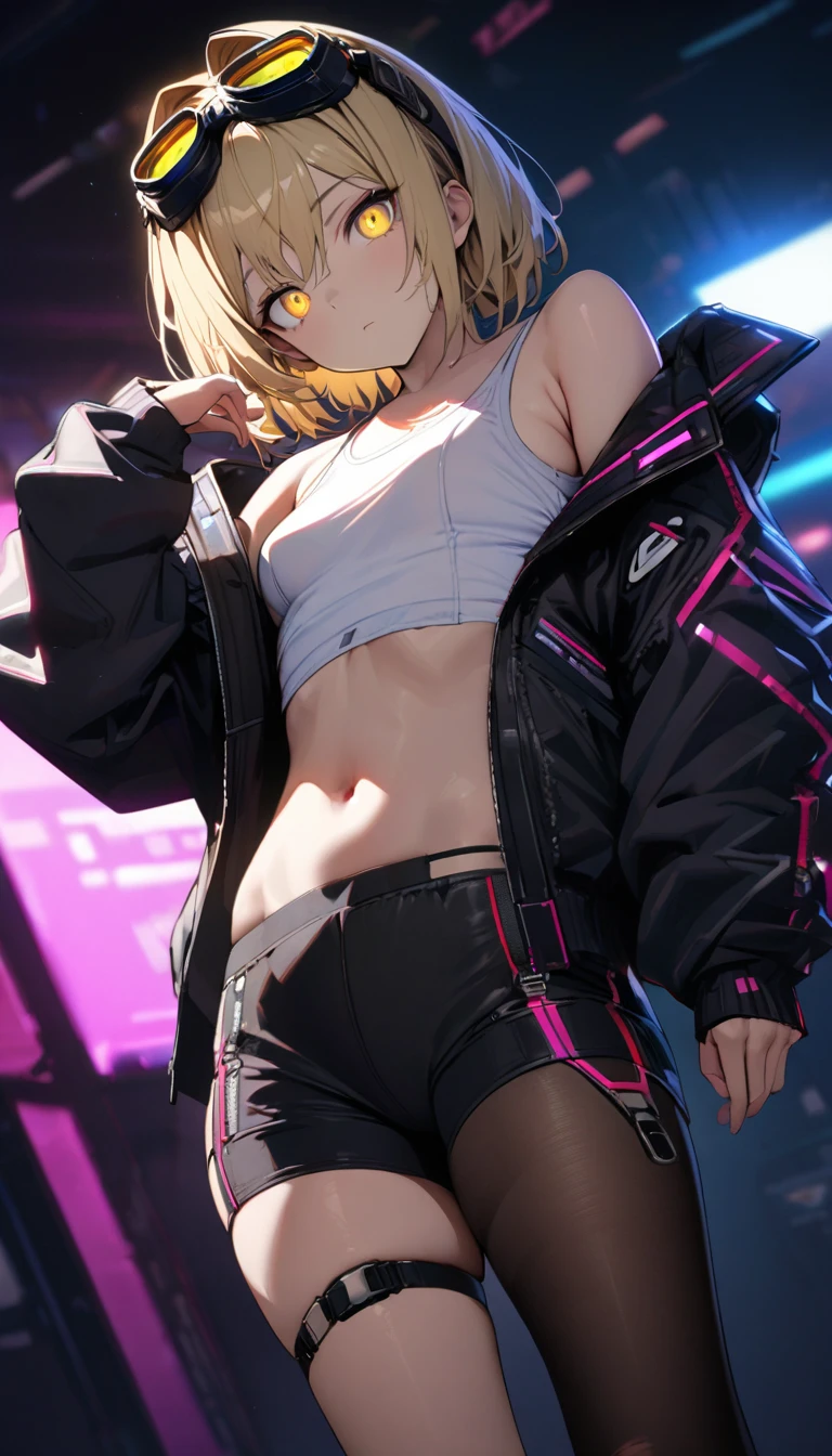 a handsome girl, solo, blond hair, twintails, yellow eyes,(bright eyes:1.2), cyber punk black jacket, white tank top, goggles on head, [navel], off shoulder, open jacket, black shorts, print pantyhose,
handgun,
expressionless, blurry background, perfect lighting, perfect angle, masterpiece, best quality, extremely detailed face,